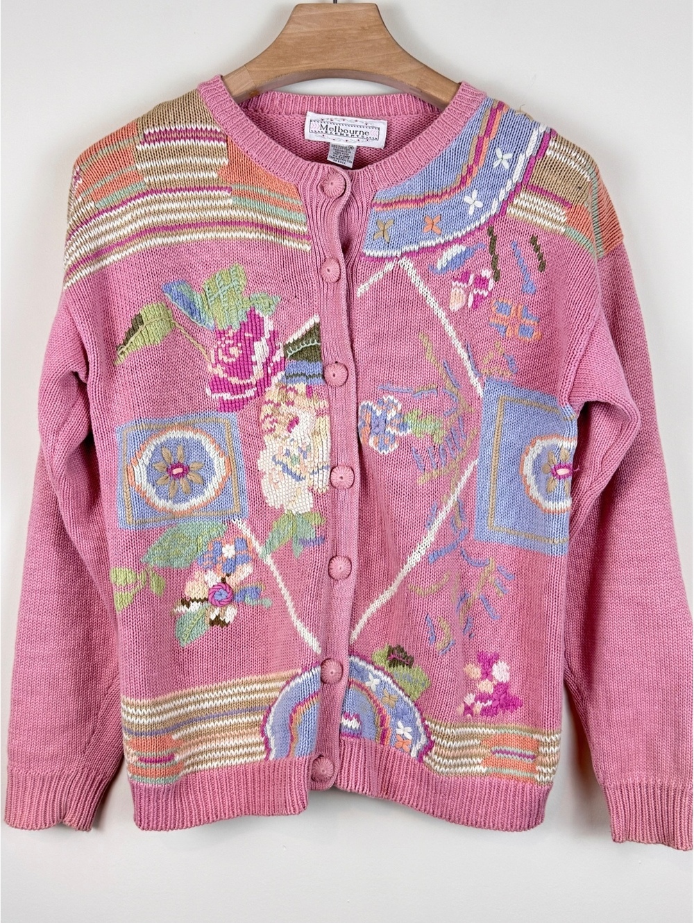 Vintage 90s Melbourne Elements Pink Floral Ramie Cotton Cardigan Sweater M